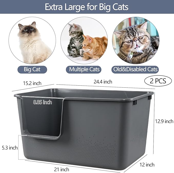 Large Cat Litter Box with High Sides, Easy to Clean, Litter Box for Big Cats&Multiple Cats (Pack of 2, Grey)