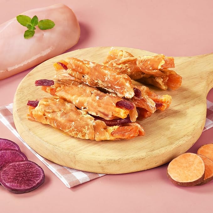Dog Treats Double Sweet Potato Chicken Jerky Wrapps Healthy Rawhide-Free Dog Treats Chicken Jerky Low Fat High Protein Snacks Chewy for Small Medium Large Dogs 12-15 Counts