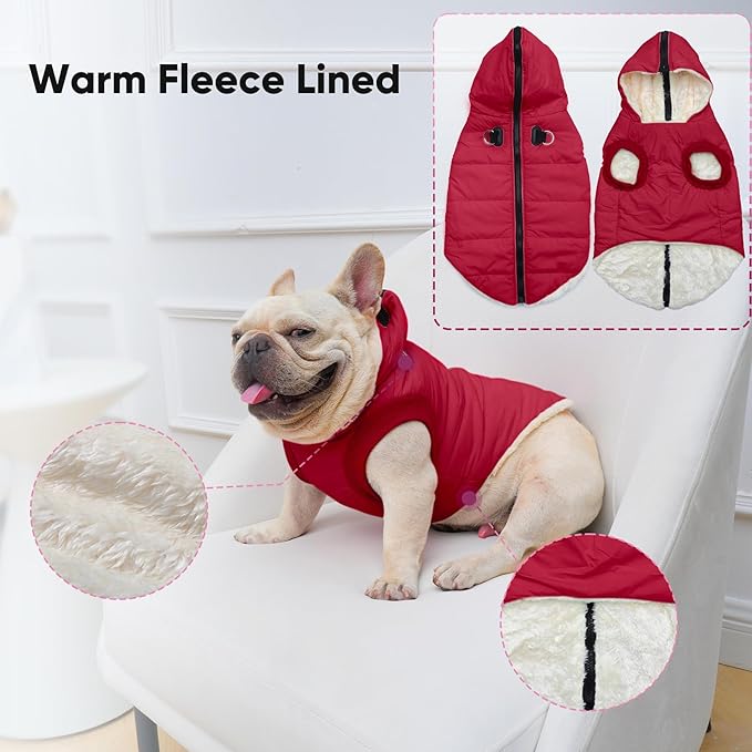 Fleece Lining Dog Hoodie with Harness Built in,Extra Warm Large Dog Jacket in Winter Doggie Coats with Hooded,Red XXL