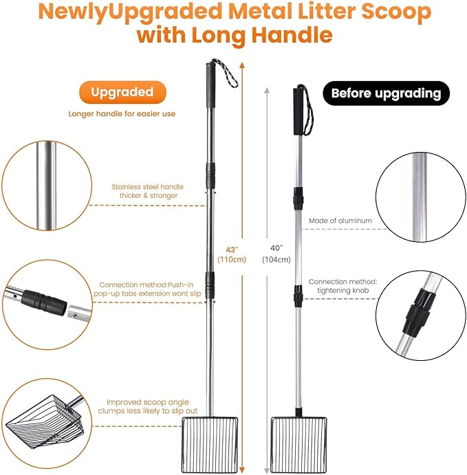 Metal Cat Litter Scoop with Holder, 43" Extendable Long Handle Cat Scooper for Litter Box, Solid & Durable, Deep Shovel for Fast Sifting, Large Pet Pooper Scooper for Kitty/Outside Dog Poop