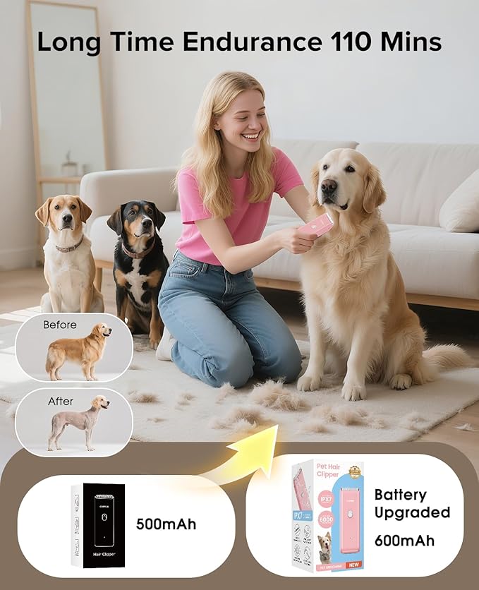 Upgrade Home Professional Dog Grooming Kit Clipper for Matted & Long Hair, Cordless Pet Shaver Low Noise USB Rechargeable for Cats, Small&Medium Dogs, Handy Pet Hair Grooming Trimmer, Pink