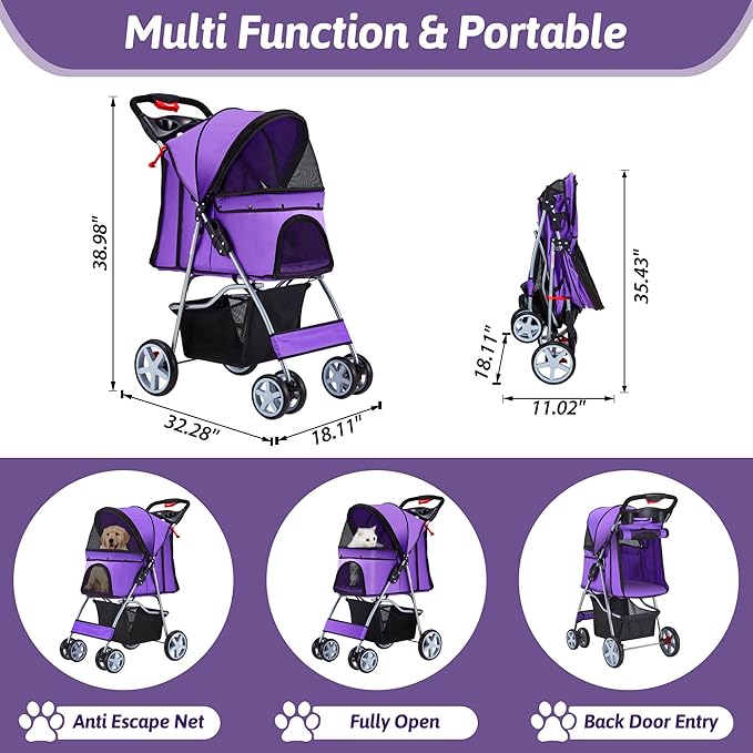 Pet Stroller, 4 Wheels Pet Strolling Cart for Medium/Small Dogs and Cats, Foldable Cat Jogger/Dog Stroller with Cup Holder, Storage Basket, Breathable Mesh, All-Season Pet Carrier, Purple