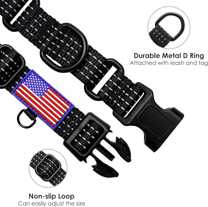 Martingale Collar for Training Dogs. Adjustable Reflective Collars with Buckle-USA Flag- NO Pull-Prevents Slipping Out, for Medium Large XL Dogs. Helps with Strong pullers (XL, Black)
