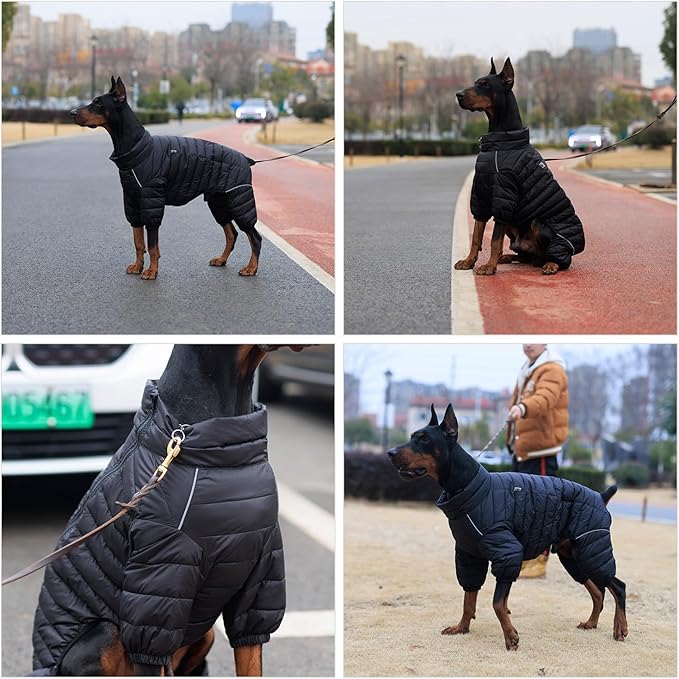 lovelonglong Dog Coat Dog Warm Jacket, 4 Legs Covered Waterproof Windproof Reflective Warm Dog Vest, Zippered Adjustable Outdoor Dog Snow Jacket for Small Medium Large Dogs Black M