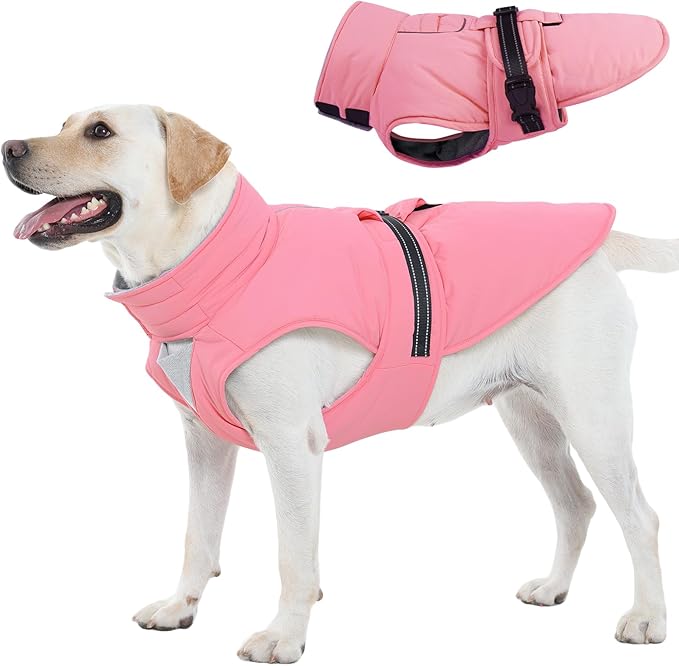 XL Dog Coat, Warm Dog Winter Jacket, Waterproof Dogs Snowsuit with Foldable High Collar, Reflective Strips, Leash Hole, and Adjustable Hook & Loop Closure - Ideal for Cold Weather - Pink XL