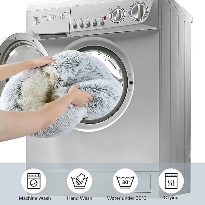 Calming Cat Beds, Fluffy Plush Round Cat Cave Washable, Cozy Warming Anti-Slip Small Dog Bed for Puppy and Kitten, Soft Anti Anxiety Pet Nest (24×24 inch, Grey)