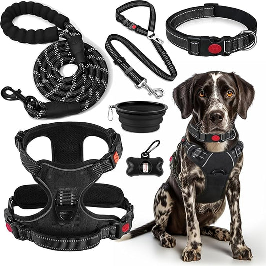 No Pull Dog Harness, Collar & Leash Set | Includes Dog Seat Belt, Collapsible Bowls & Poop Bag Dispenser. Ideal for Training, Walking, Hiking. Fits Small to Large Dogs(Black-XL)