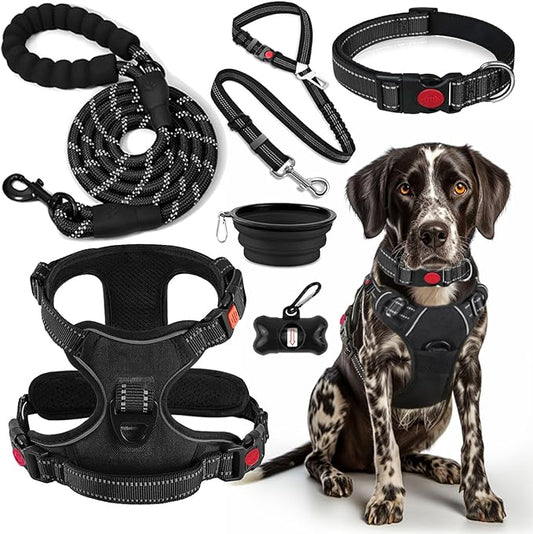 No Pull Dog Harness, Collar & Leash Set | Includes Dog Seat Belt, Collapsible Bowls & Poop Bag Dispenser. Ideal for Training, Walking, Hiking. Fits Small to Large Dogs(Black-S)