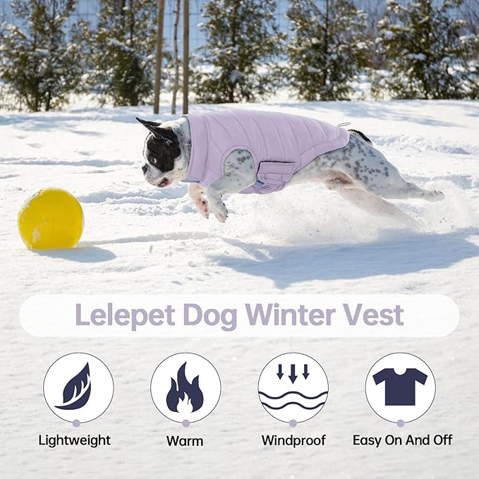 Lelepet Reversible Dog Coat Waterproof Dog Jacket Windproof Puffer Vest for Winter Warm Lightweight Coats for Large Dogs Adjustbale Hook & Loop Pet Apparel with Leash Hole, Pitbull, Purple, XL