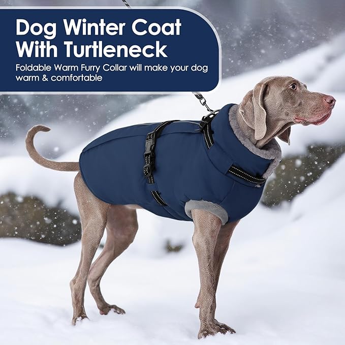 AOFITEE Dog Coat, Warm Dog Winter Coat with Harness Built in, Waterproof Pet Snow Jacket with Zipper on Back, Fleece Pet Sweater Outdoor Puffer Jacket Snowsuit for Extra Large Dogs, Blue XXL