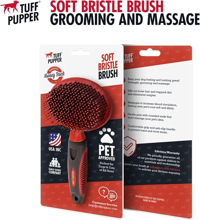 Tuff Pupper Round Bristle Soft Brush for Dogs and Cats | Gentle Grooming for Short or Long Hair | Soft Pin Tool for Sensitive Skin | Detangle & Remove Loose Fur | For Dematting & Detangling Undercoat