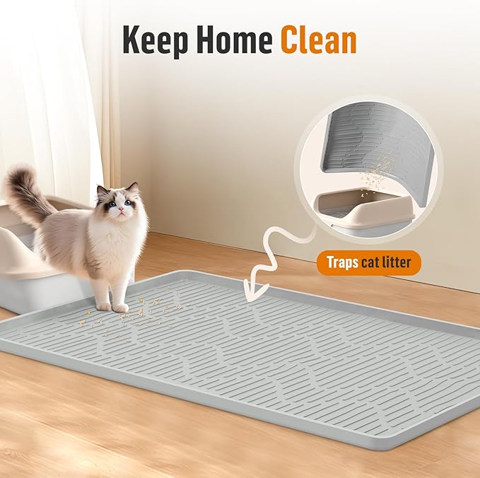 Silicone Cat Litter Mat, 40" x 28" Extra Large Cat Litter Box Mat Litter Trapping Mat for Scatter Control, Waterproof, Soft on Kitty Paws, Clean Floor (Grey)