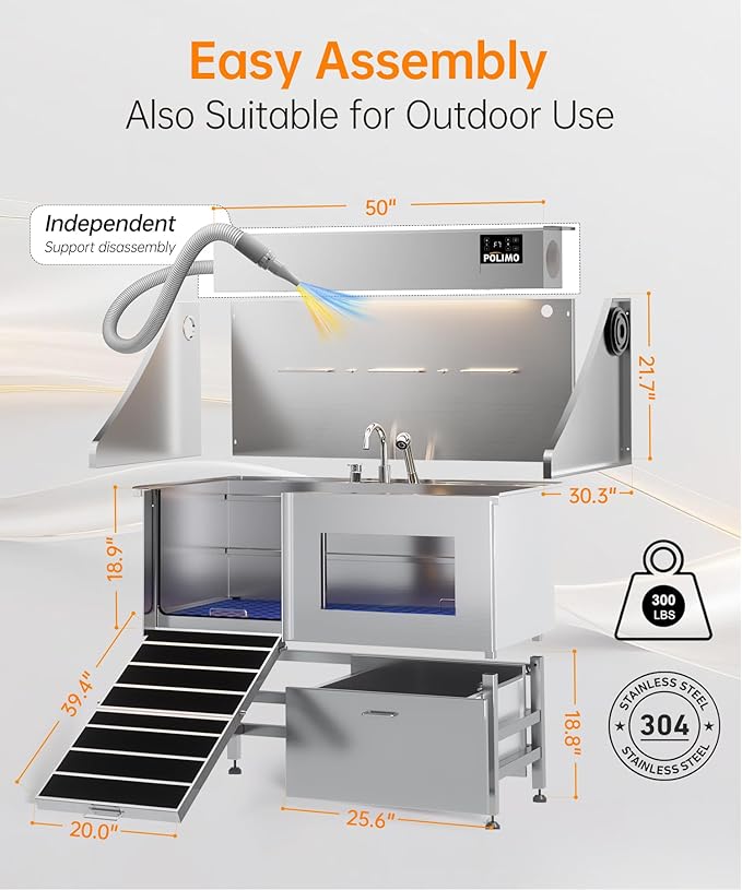 POLIMO Dog Wash Station with Pet Dryer & LED, Professional Dog Bathing Station for Large, Medium & Small Dogs – with Window, Ramp, Drawer, Floor Grate, LED Display & Faucet (Left RAMP & Dryer, 50")