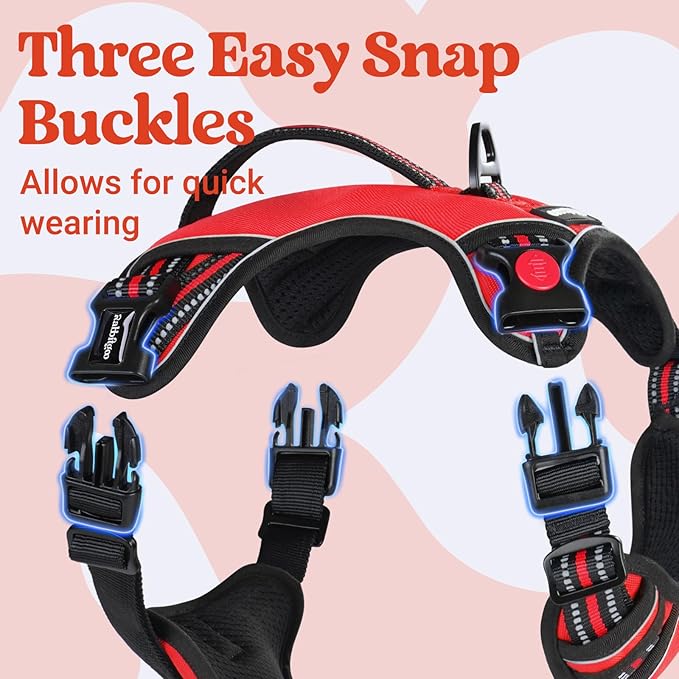 rabbitgoo Dog Harness Medium Sized, No Pull Pet Harness with Soft Padded Handle, Adjustable Reflective Vest with 3 Buckles, Easy Walking Harness with 2 Leash Clips, Red, M