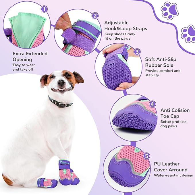 Dog Shoes for Summer Hot Pavement, Dog Shoes for Large Small Medium Dogs, Dog Boots & Paw Protectors Anti-Slip Waterproof for Outdoor Hiking Hardwood Floor Size 4