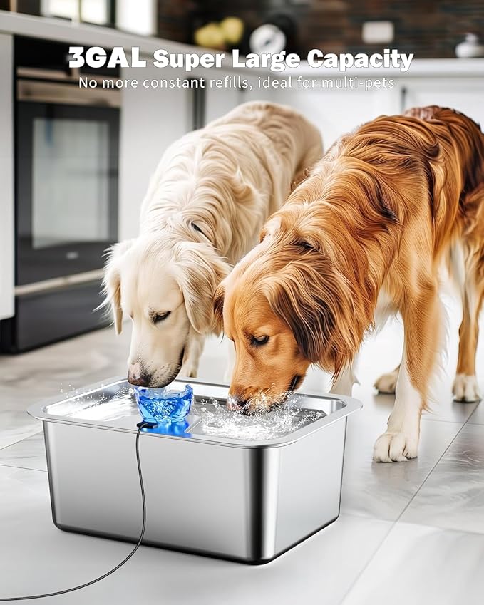Dog Water Fountain for Large Dogs, tainless Steel 3Gallon Extra Big Pet Fountains, Dog Water Bowl Filter Automatic Dog Bowl Dispenser,Drinking Bowls for Multi Pets, Easy to Clean, Quiet Pump