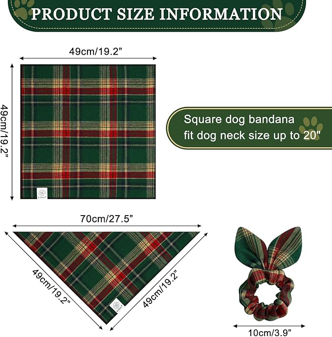 E-Clover Christmas Dog Bandana & Matching Scrunchie Green Red Plaid Pet Dog Scarf Cute Dogs Costumes Accessories for Small Medium Large Dogs