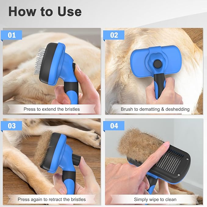 Self-Cleaning Brush for Pet Deshedding - Skin-Friendly Grooming Tool for Dogs and Cats, Blue