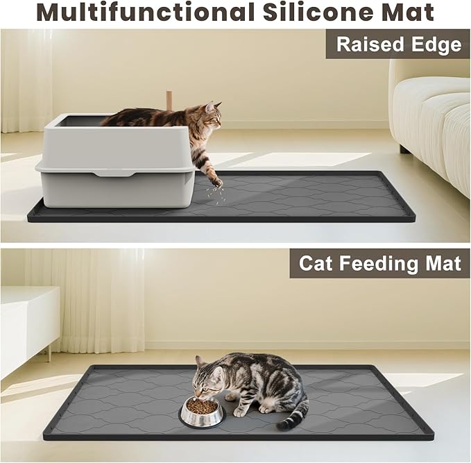 Cat Mat for Litter Box, 38" X 26" Large Silicone Cat Litter Trapping Mat, Easy Clean for Scatter Control, Soft on Kitty Paws, Waterproof, Urine-Proof, Non-Slip Kitty Litter Mat for Floor, Black