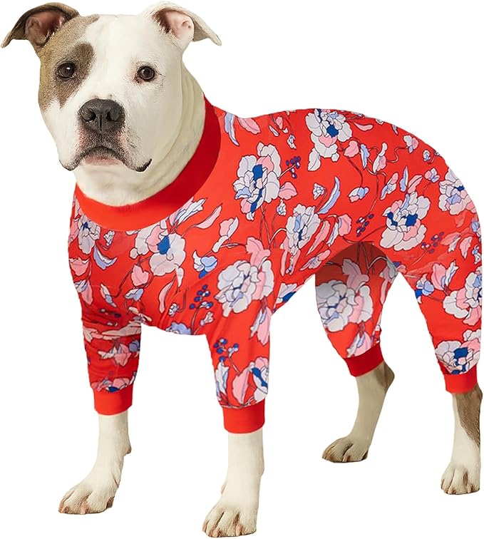 LovinPet Large Dogs PJS sweatshirt, Anti Licking, UV Protections Dog Shirt, Stretchy Comfortable Skin-friendly Fabric, Post Surgery Recovery Dog Pajamas, Red & Peach Floral Print, Onesies for Dogs,2XL
