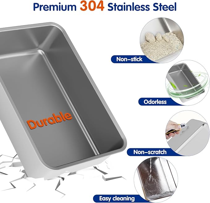 Front & Top Entry Stainless Steel Litter Box with Lid,Cat Litter Box Enclosure,Extra Large Enclosed,Non-Sticky Metal Pan,Anti-Leakage,Odor Control,Easy Clean,Covered for Indoor Cats,Includes Scoop Set