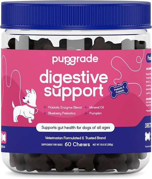 PupGrade Digestive Support Chews for Dogs - Prebiotic and Probiotic Supplement with Enzyme Blend - Upset Stomach, Diarrhea, Bowel, and Immune Support - Pumpkin, Blueberry, Mineral Oil - 60 Soft Chews