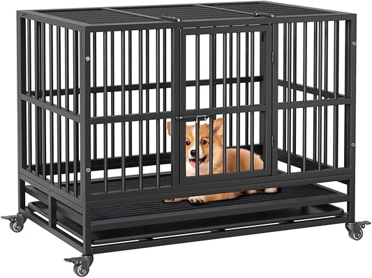 38 in Heavy Duty Dog Crate, Foldable Indoor Dog Cage with Double Door, 360° Lockable Wheels and Removable Tray, Easy to Clean and Assembly，for Small Medium Large Dogs