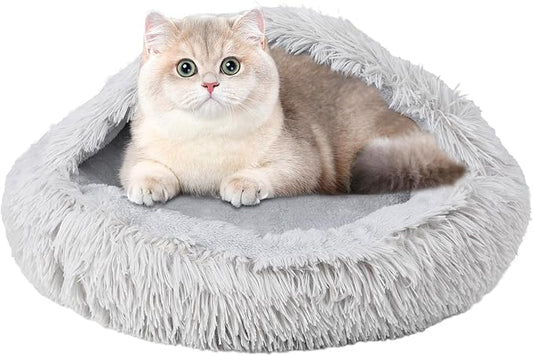 Bdor Cat Beds & Dog Bed with Cover Cave, 20in Round Beds for Medium Small Pets, Self Warming Soft Plush Donut Calming Pet Bed for Indoor Cats Dogs Puppy Kitten, Washable Bed with Non-Slip Bottom