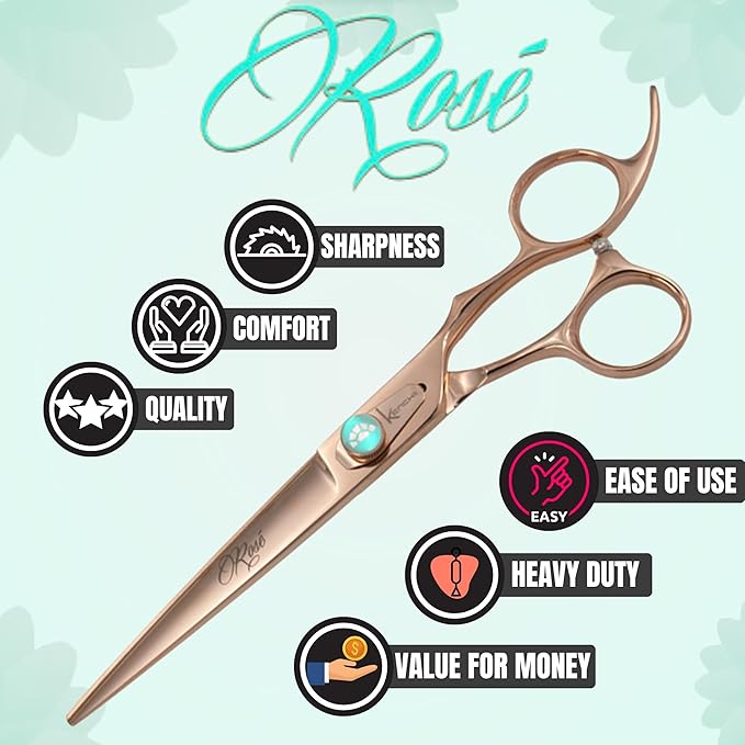 Kenchii Rose Dog Grooming Scissors, 7 Inch Straight Shears, Dog Scissors for Grooming, Ergonomic Design for Comfort and Precision, Heavy Duty, Durable and Sharp