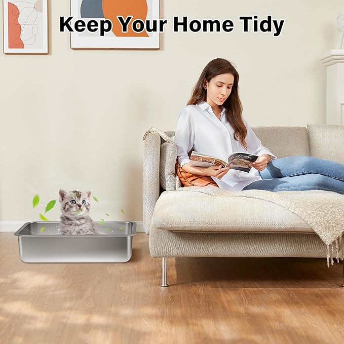 Stainless Steel Litter Box,15.7"×11.8"×4" Metal Cat Litter Box,Small Litterbox for Kitten,Rabbit,Guinea Pigs,Non Stick, No Smell, Easy to Clean