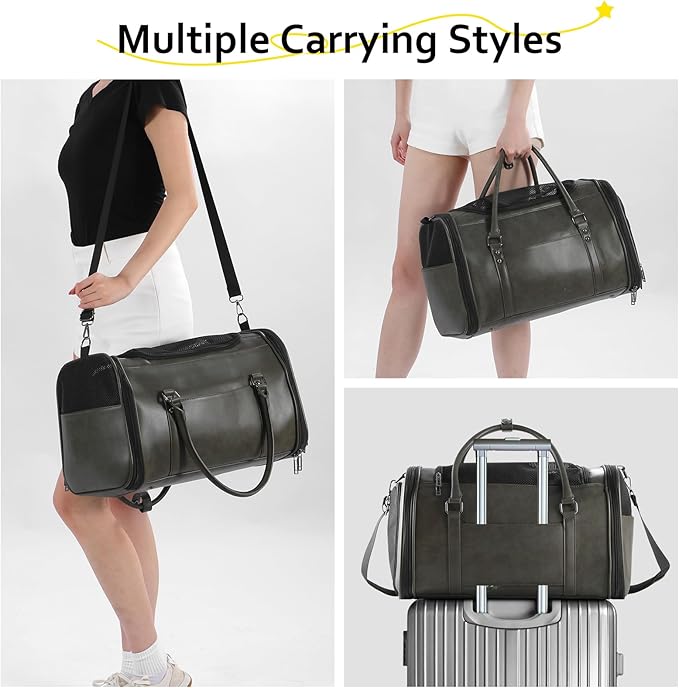 Stylish Leather Pet Carrier for Small Dogs and Cats Up to 15 lbs, Airline Approved Lightweight Travel Tote with Breathable Mesh and Shoulder Strap Green