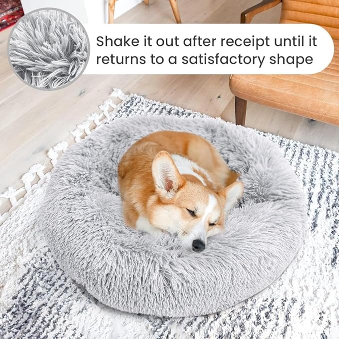 Original Calming Donut Dog and Cat Bed in Shag Fur, Dog Beds for Melium Dogs, Anti Anxiety Round Fluffy Plush Faux Fur Pet Bed (Light Grey, 31×31)