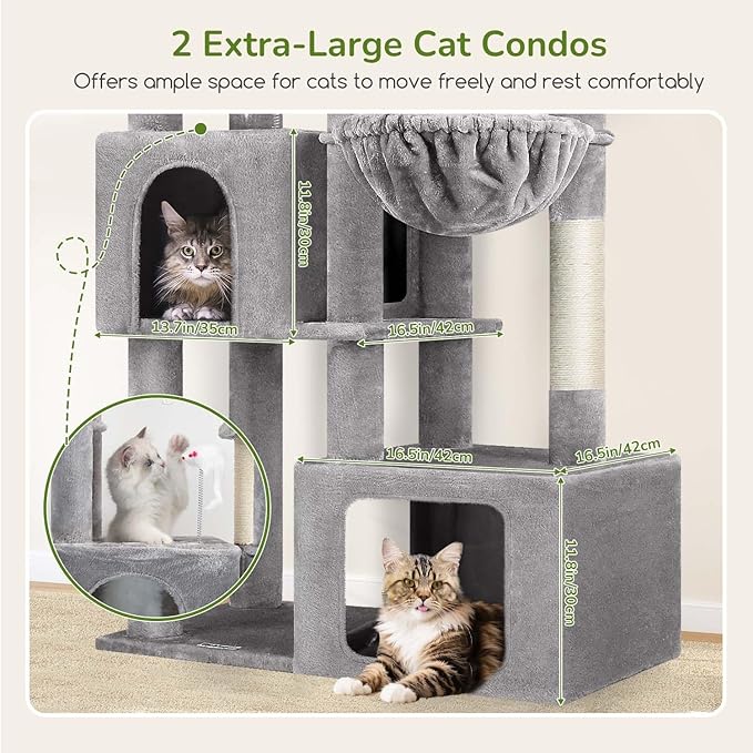 Globlazer Heavy Duty Cat Tree Tower for Large Cats, 68 inch Tall Multi-Level Sturdy Cat Tree Tower for Big Cat with 2 Oversized Condos, 2 Enlarged Perches, 2 Big Hanging Baskets, F68, Light Grey
