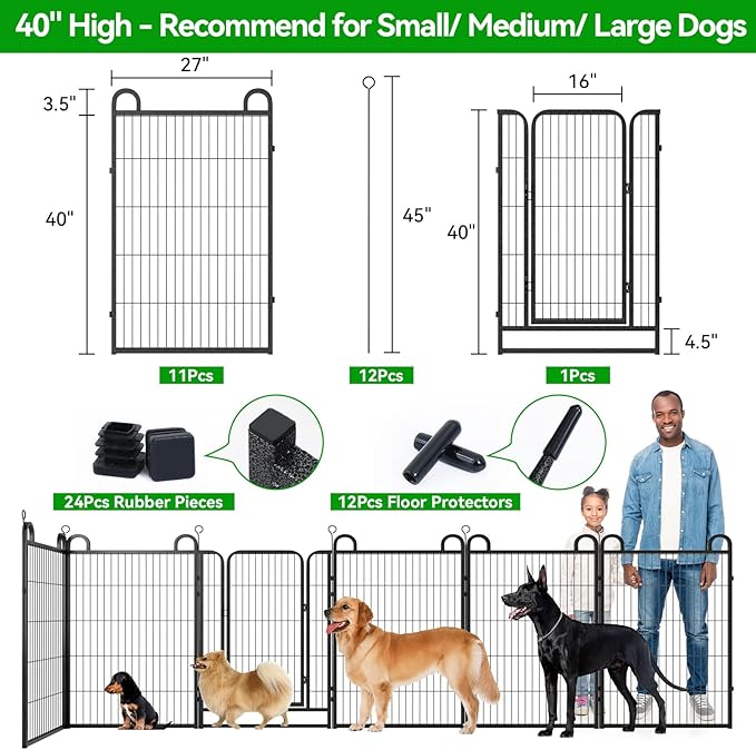 Dog Playpen Outdoor 12 Piece Panels Heavy Duty Dog Fence 40" Height Anti-Rust with Doors Portable for RV Camping Yard, Total 27FT, 58 Sq.ft, Snowy Black