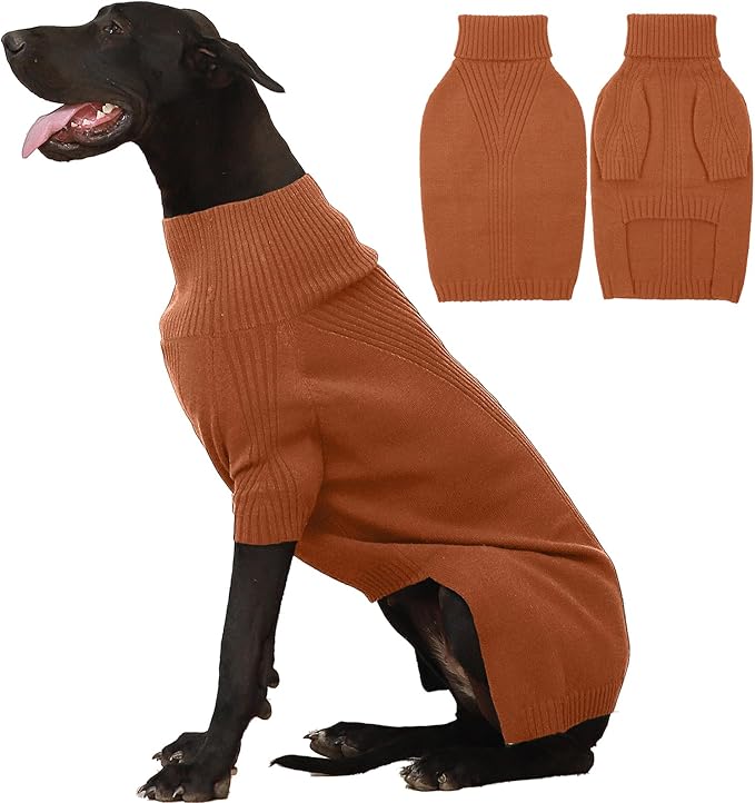 IECOii Extra Large Dog Sweater 4XL,Thermal Warm Dog Sweaters for Giant Breed Dogs,Turtleneck Knitted Knitwear for Pet Winter,Stretchy&Easy On Doggy Sweatshirt for Doberman,Great Dane(Caramel,XXXXL)