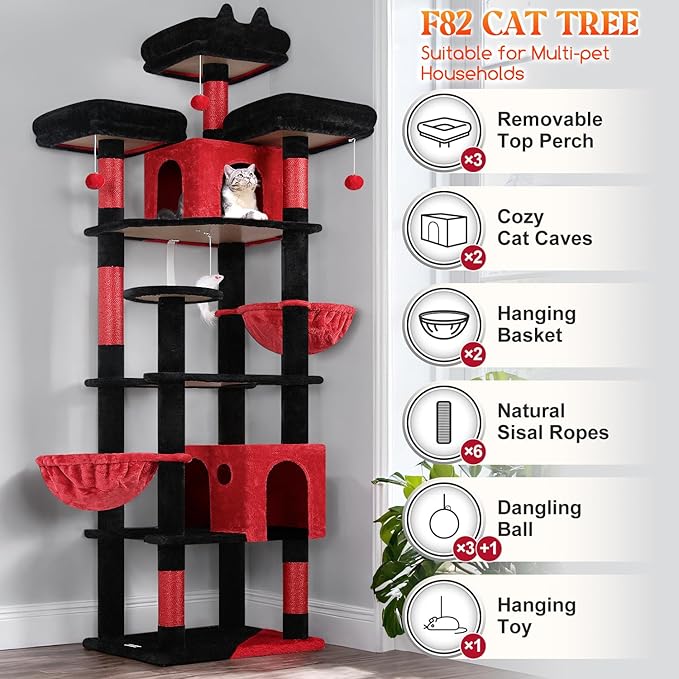 Globlazer Gothic Cat Trees and Towers for Multiple Adult Cats, 82-inch XXL Tall Goth Cat Tree Tower for Indoor Cats with Scratching Post, 3 Perches, 2 Condos, 2 Hanging Baskets, F82, Black Red