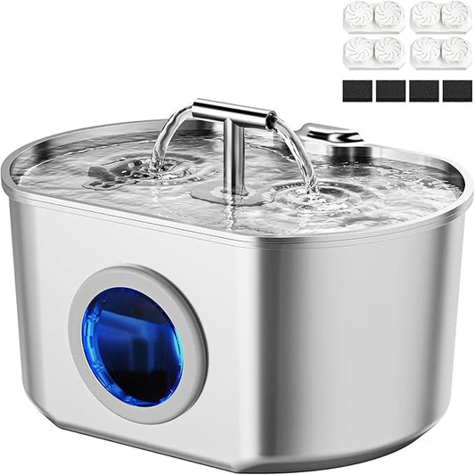 Cat Water Fountain Stainless Steel - Pet Drinking Fountain for Cats Indoor - 2.2L/74oz Automatic Water Dispenser with Watering Level Window (4 Filters)