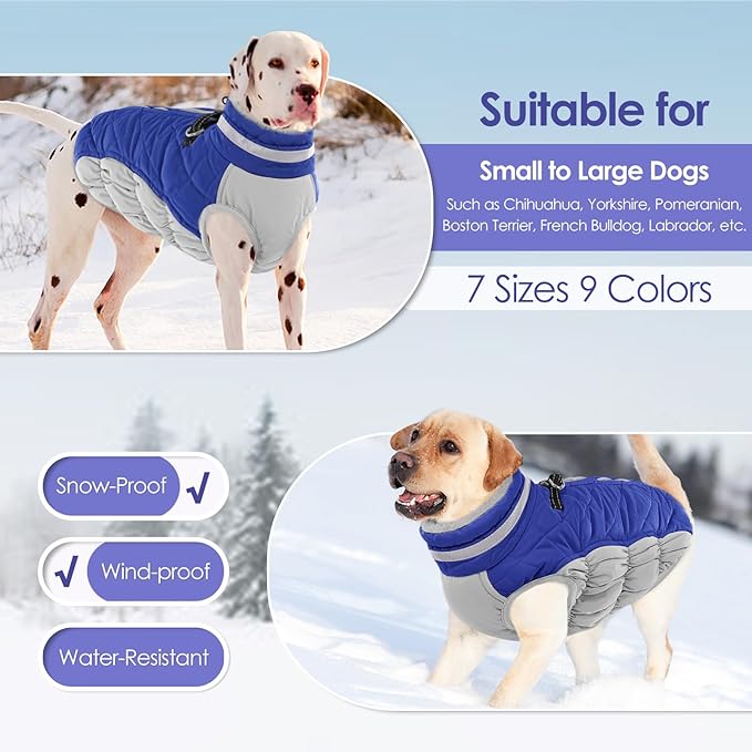 AOFITEE Dog Coat, Warm Winter Jacket for Medium Dogs, Reflective Turtleneck With Built-in Harness, Waterproof Windproof Pet Fleece Vest Puffer, Blue M