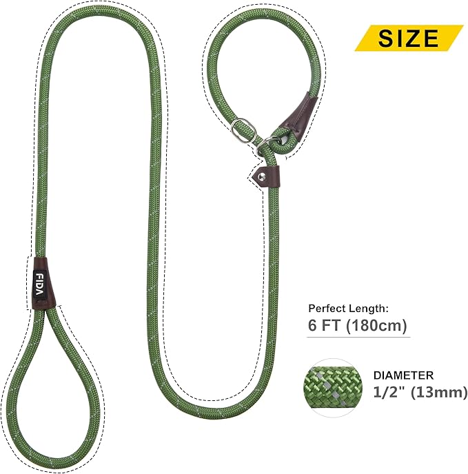 Fida Durable Slip Lead Bulk Pack of 5, Heavy Duty 1/2" x 6 FT Comfortable Strong Rope Slip Leash for Large, Medium & Small Dogs - No Pulling Pet Training Leash with Highly Reflective (Green)