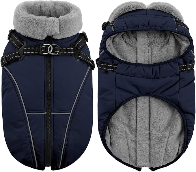 Queenmore Small Dog Coat,Dog Coat for Small Dogs,Reflective Windproof Dogs Jackets with Built-in Harness,Doggy Winter Jacket with Zipper On Back,Warm Pet Coats with Fleece Lining,NavyBlue,S