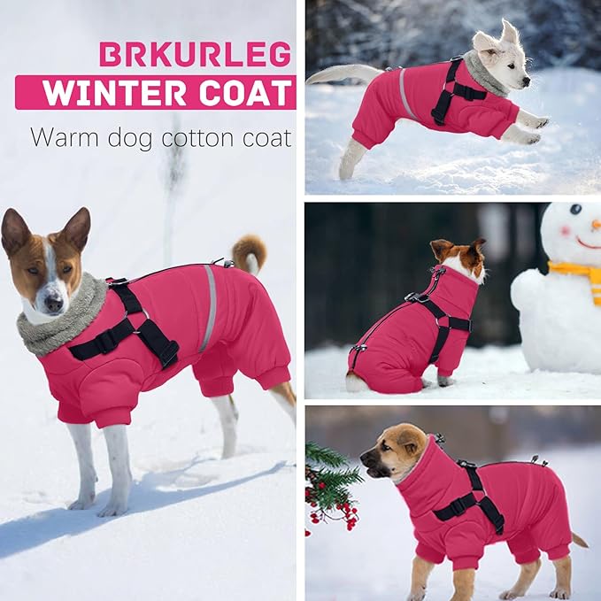 BRKURLEG Dog Winter Coat with Harness Built in, Winter Dog Jacket for Small and Medium Dogs, Small Dogs Snowsuit Reflective Windproof Cold Weather Coat, Puppy Warm Fleece Coats, Hot Pink, XL