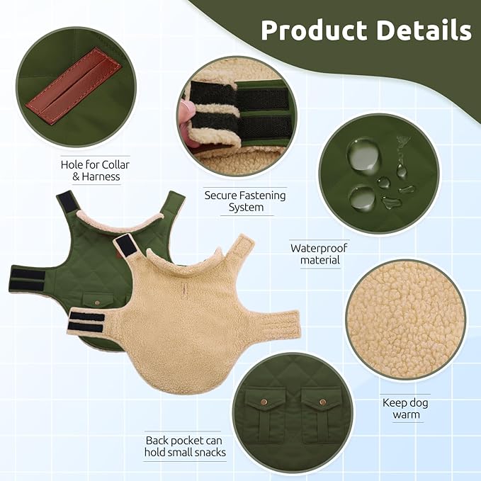 ASENKU Warm Dog Winter Coat Fleece & Turtleneck Dog Puffer Jacket with Pockets Waterproof Pet Cold Weather Clothes with Leash Hole for Medium Large Dogs