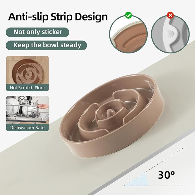 7.3inch Ceramic Slow Feeder Dog Bowl for Medium and Large Breed, Puzzle Dog Food Dish, Anti-Gulping, Pet Slow Feeder, Stop Bloat, Preventing Choking (Single Bowl-Brown Coffee)