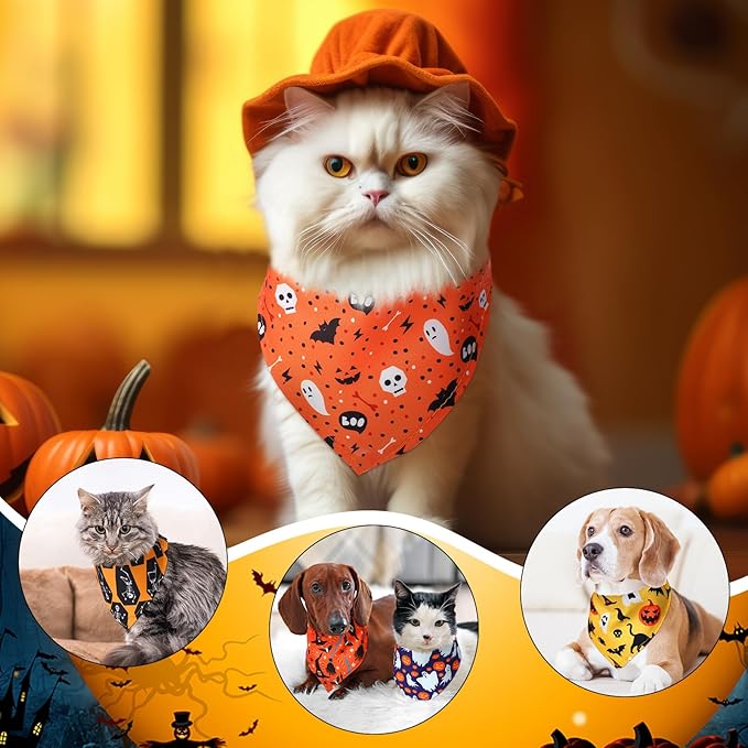 Amylove 120 Pcs Halloween Dog Bandanas Bulk Thanksgiving Day Holiday Triangle Dog Pack Puppy Kerchief Bandana Adjustable Pet Scarf for Pet Cat Costume Accessories Decor(Pumpkin)