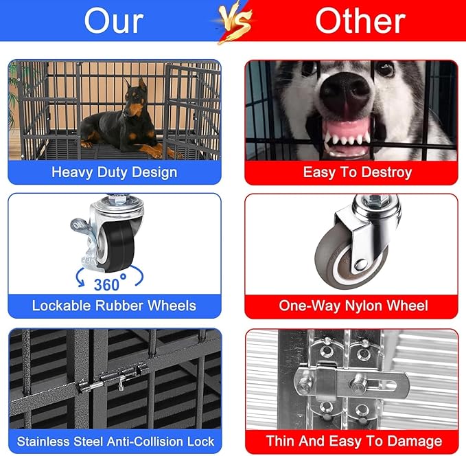 Confote 47 Inch Heavy Duty Dog Crate,High Anxiety Escape-Proof Steel Dog Crate Indestructible Dog Kennel for Medium to Large Dogs, with Lockable Wheels abd Removable Tray