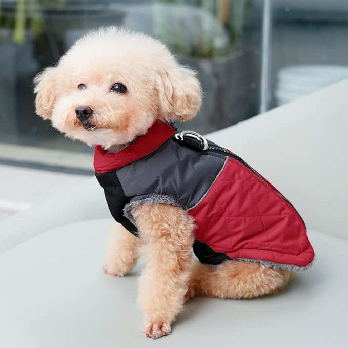 Warm Fleece Dog Coats for Large Dogs,D-Rings Waterproof Puppy Jacket for Cold Winter,Red XXXL