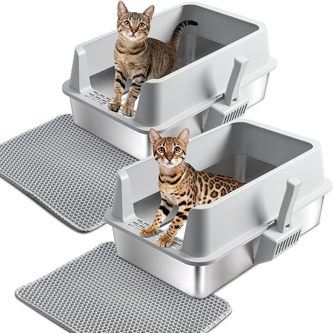 2 Pack Stainless Steel Cat Litter Box with Lid,XL Extra Large Litterox for Big Cats with High Sided,Non-Sticky,Easy Cleaning, Include Litter Mat & Scoop,23x14.6x9.9in