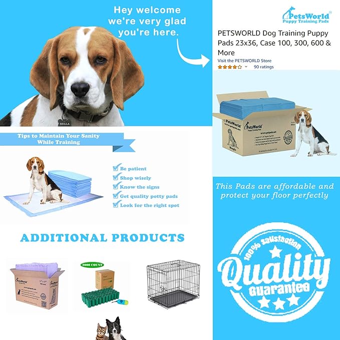 PETSWORLD Puppy Pads, 23x36 Inch, 400 Count - Puppy Pee Pads for Dogs, Tear Resistant, Economy Value, Super-Absorbent Polymer Gel Core, Perfect for Puppies, Smaller Dogs