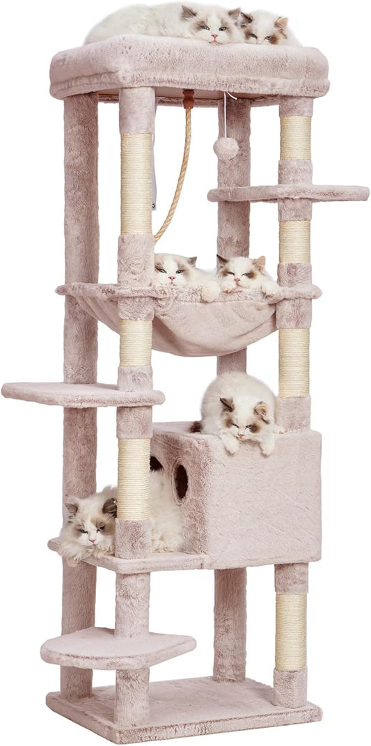 Heybly Cat Tree for Large Cats 20lbs Heavy Duty,60 inches XXL Cat Tower for Indoor Cats, Multi-Level Furniture Condo with Big Padded Plush Perch, Cozy Basket, Muchroom HCT050MU