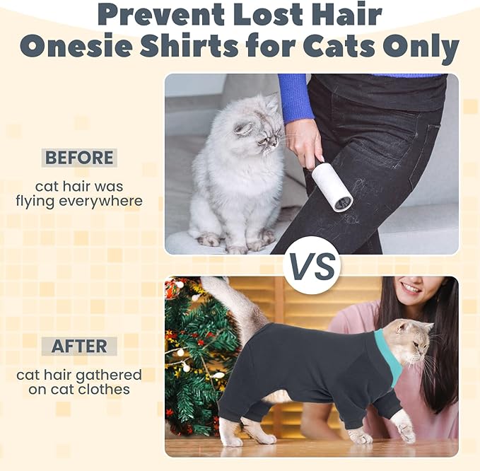Cat Hair Sticky Onesie, Prevent Hair Loss Cat Pajamas, Long Sleeves Anti-Licking & Skin Disease Recovery Suit for Cats, Sphynx Clothes Costumes Outfits for Pet